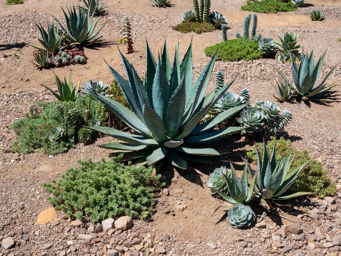 Agave and succulents planted in a dry, drought-tolerant garden