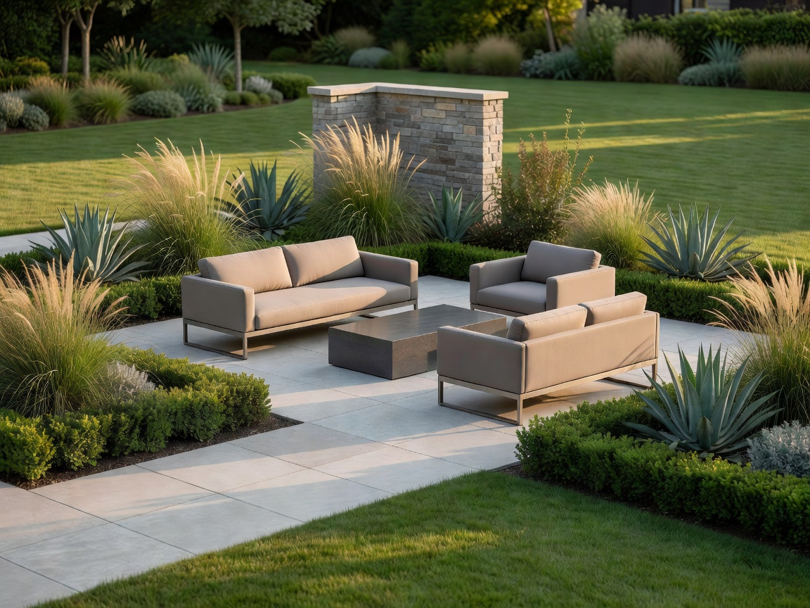 Beautifully landscaped modern backyard with seating area and plants