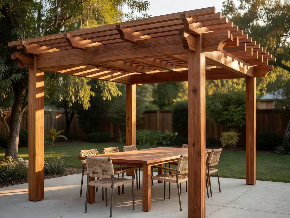 Modern cedar pergola providing shade over an outdoor dining table