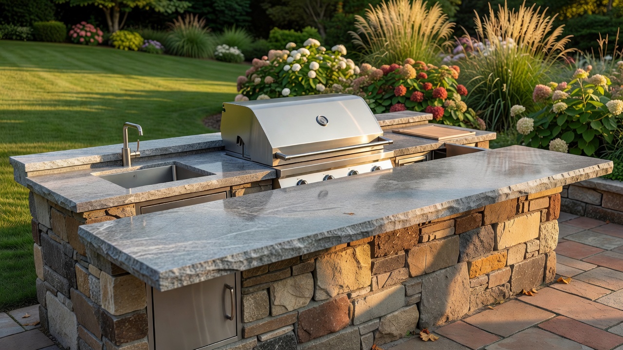 Outdoor kitchen counter with built-in grill