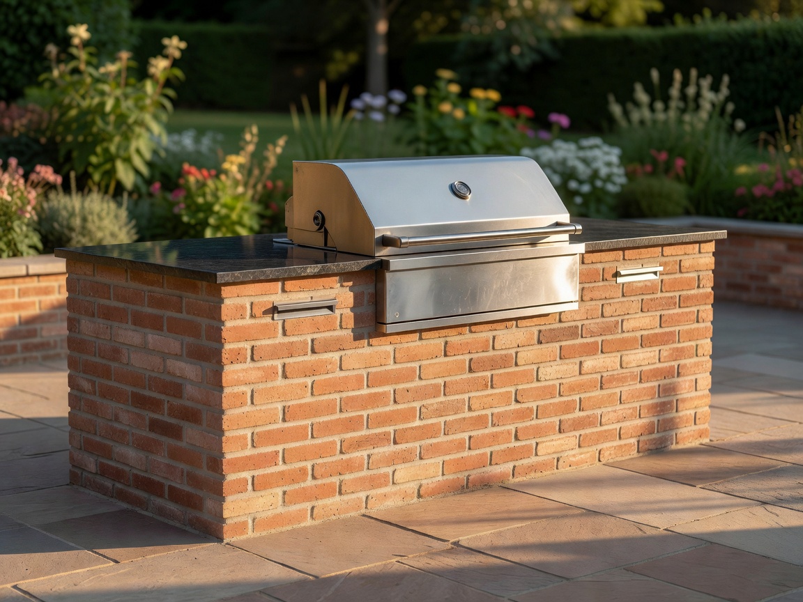 Outdoor kitchen counter with stainless steel built-in grill and brick facade