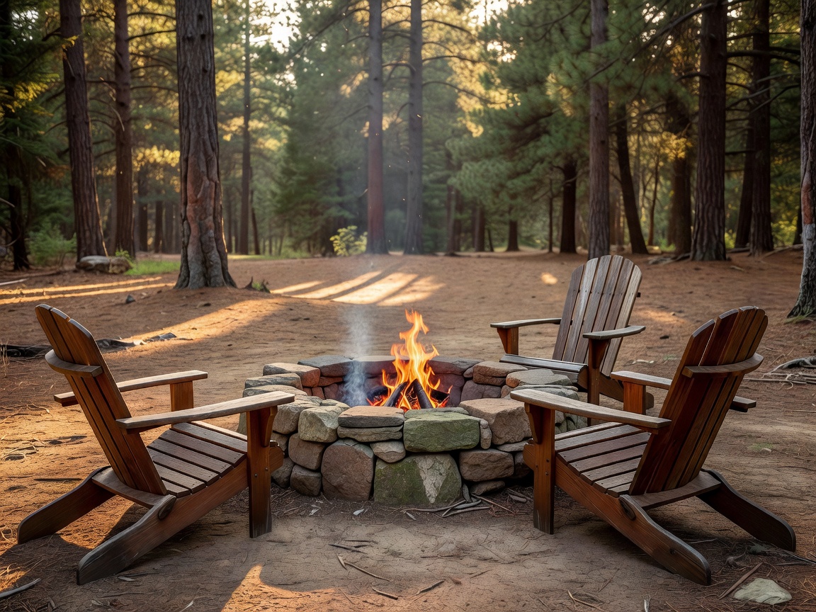 Rustic stone fire pit with wooden Adirondack chairs