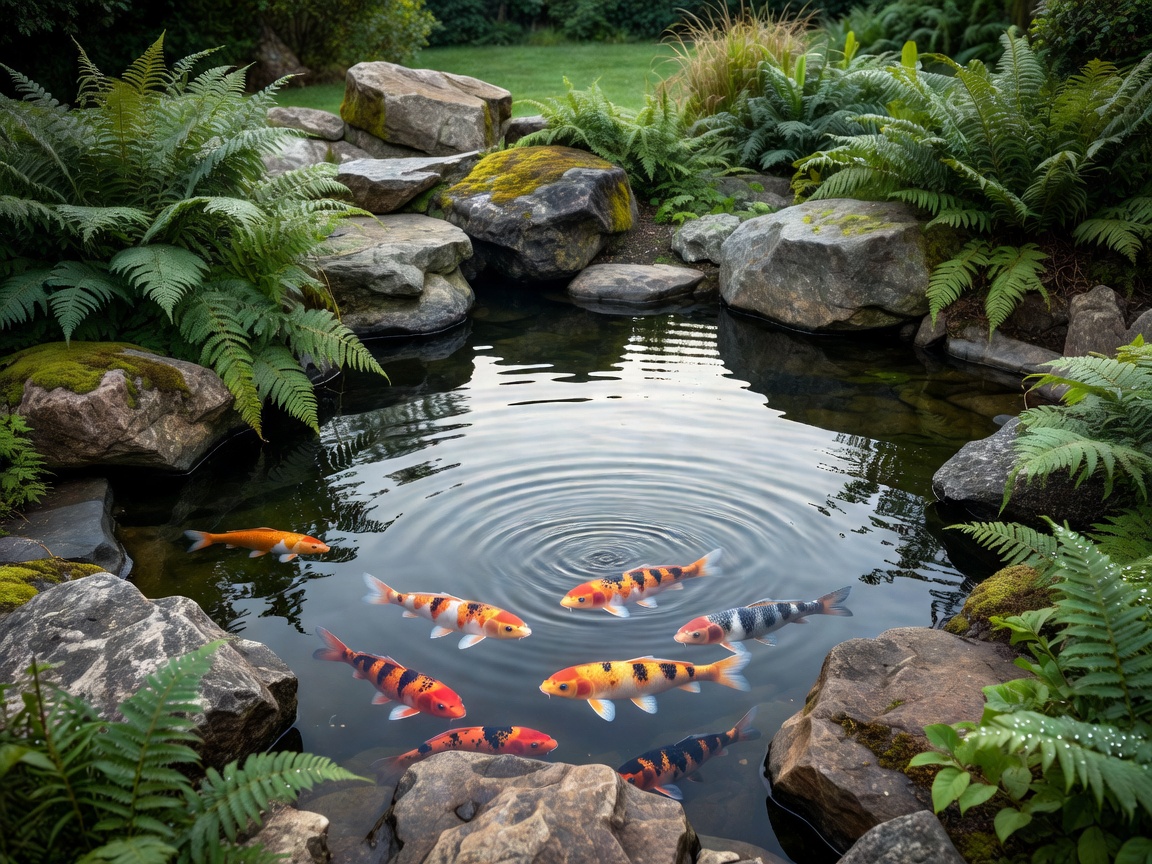 Serene backyard koi pond surrounded by large rocks and ferns