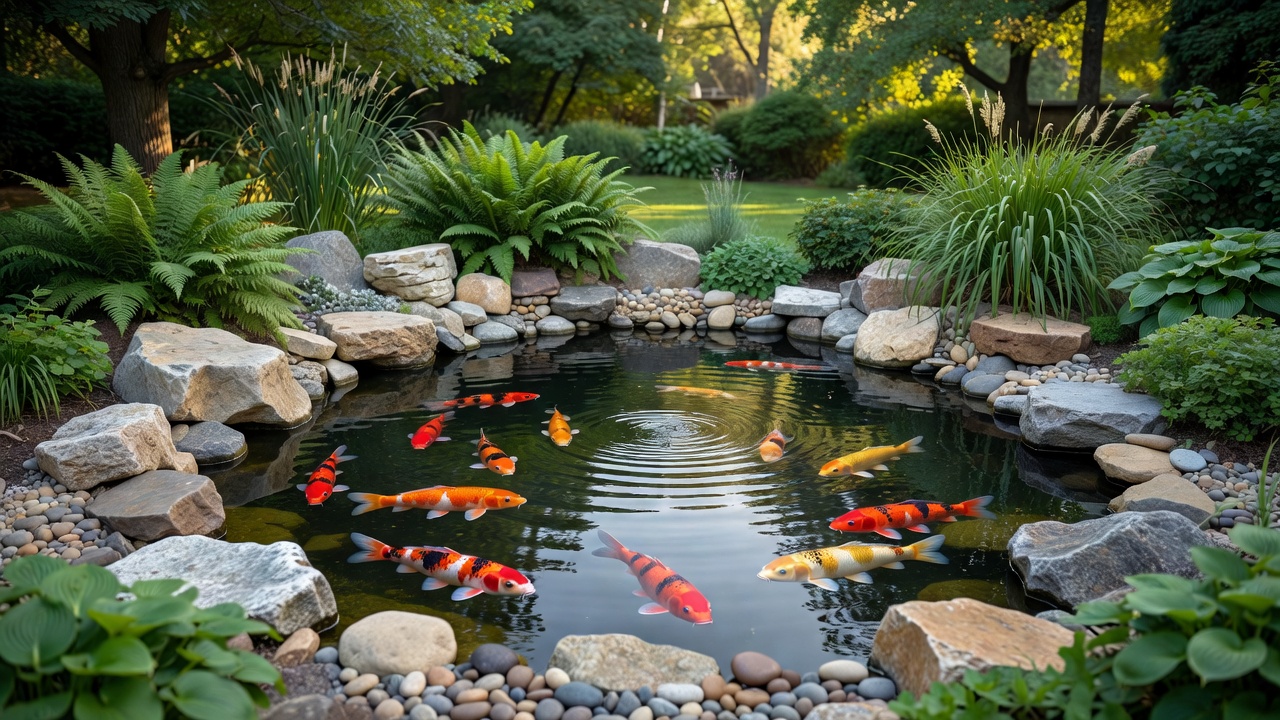 Serene backyard koi pond surrounded by rocks