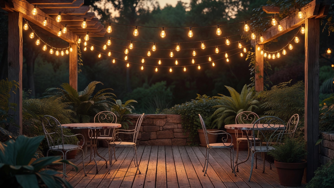 Warm Edison string lights hanging above a patio