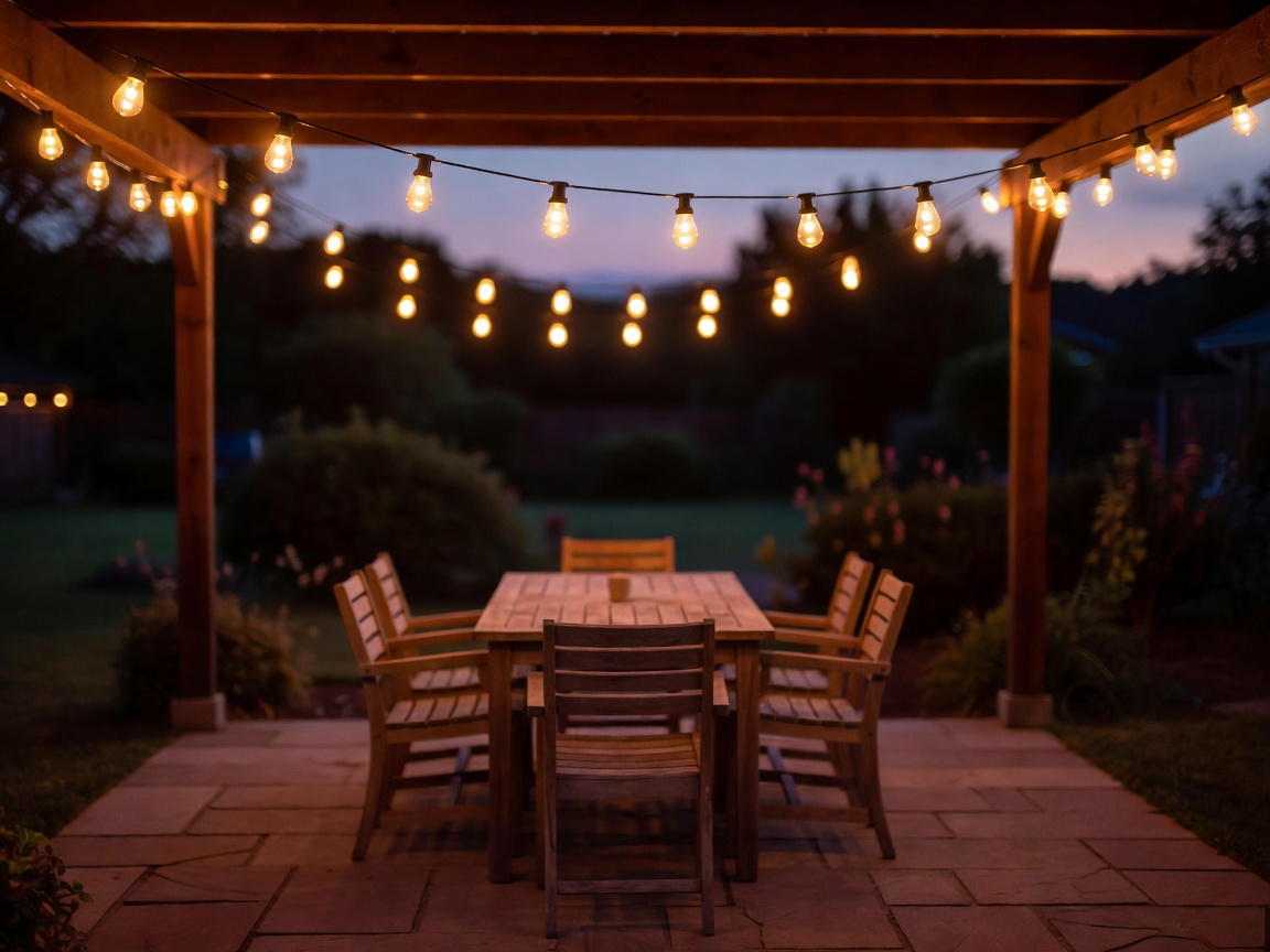 Warm Edison string lights hanging above an evening patio setup